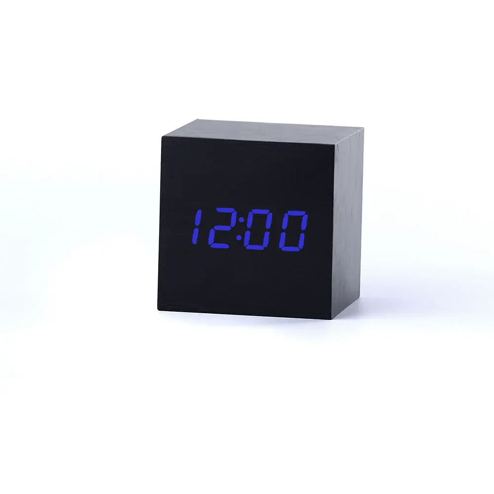 Black Wood Blue LED Деревянный квадратный светодиодный Будильник, настольный цифровой термометр, деревянные часы USB/AAA, настольные часы, домашний декор - Цвет: Black Wood Blue LED