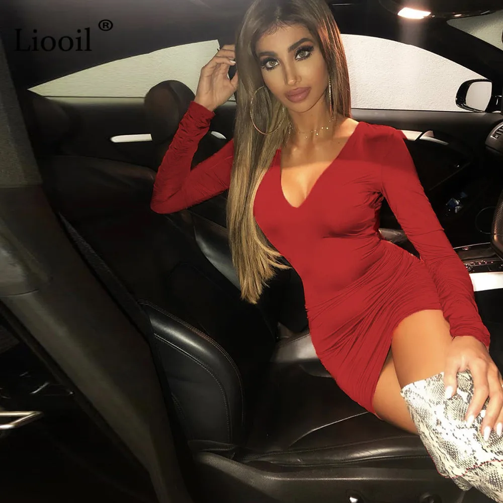 Liooil, сексуальное Белое Облегающее мини-платье с открытой спиной для женщин, осень, зима, длинный рукав, v-образный вырез, красные облегающие платья, женские вечерние платья для ночного клуба