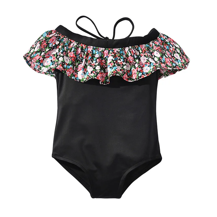 Black 6-7 Years Yangmaile/пляжный купальный костюм для маленьких девочек с открытыми плечами и оборками; купальник с цветочным рисунком; Бразильское бикини; Y - Цвет: Black 6-7 Years