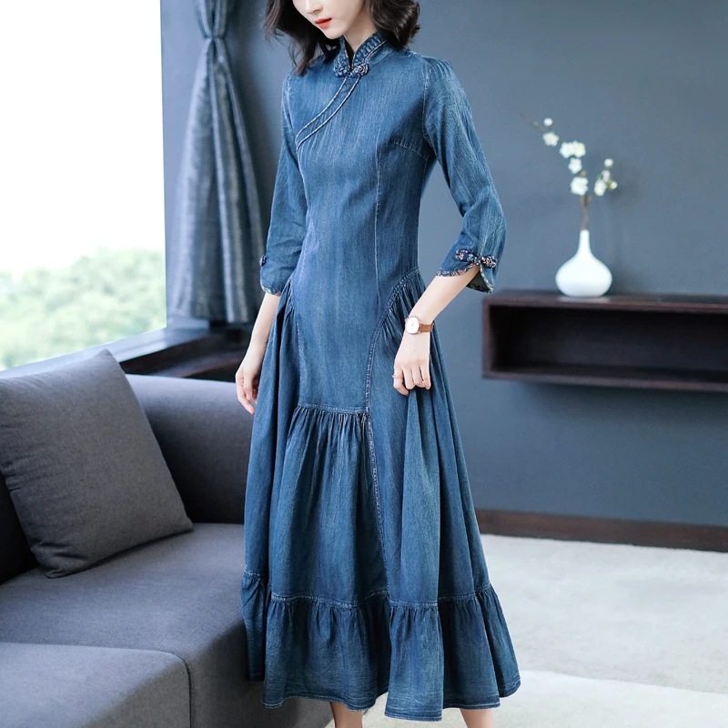 Большой размер 3XL! Женское винтажное джинсовое платье-Ципао длинное Хлопковое