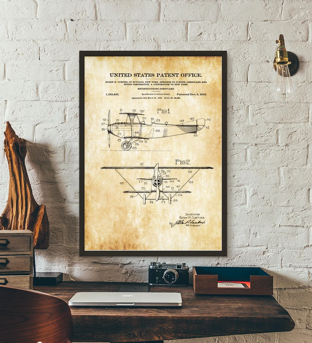 Разведывающий бисамолет Curtiss 1919 патентный план настенное искусство краска Декор