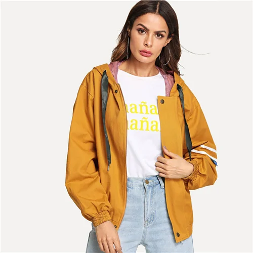 Mustard SweatyRocks полосатая контрастная ветровка на молнии с капюшоном и завязками Женская одежда для активного отдыха повседневные пальто и куртки - Цвет: Mustard