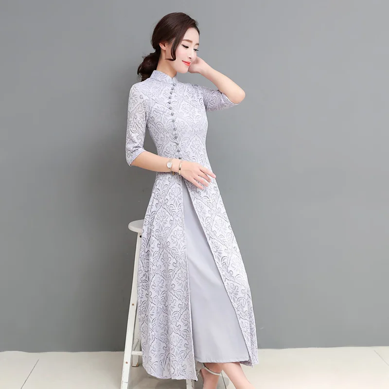 Длинное кружевное платье qipao достойная атмосфера для девочек китайский стиль