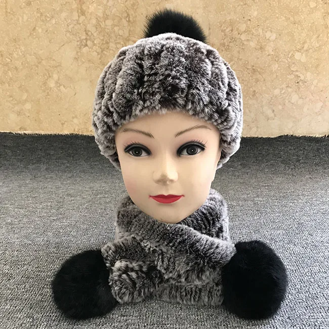 ST. Jessi, зимняя шапка для детей, меховая шапка и шарф, комплект из настоящего кролика Рекс, трикотажная меховая шапка, теплая с большим мехом лисы, помпоном - Цвет: Brown