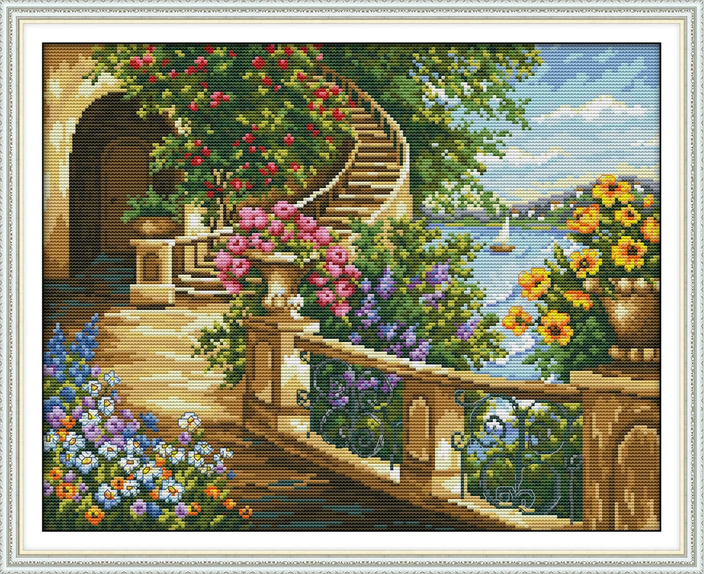 

Needlework,11/14ct DMC Cross stitch,Set For Embroidery kit Spring Balcony Little Flowers Printed Pattern Cross-Stitch Wall Decor