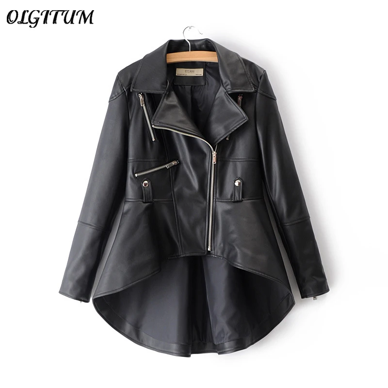 Женская кожаная куртка с лацканами черная Свободная бомбер в байкерском стиле