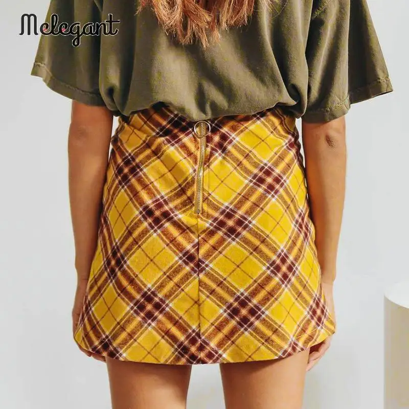 Женская мини юбка mэлегантные повседневная желтая клетчатая с высокой