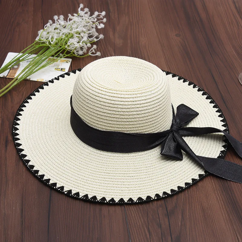 2018 Women Summer Sun Hats Ladies Black Embroidery Wide Brim Straw Outdoor Beach Lace-up Bow Panama Bone Feminino | Аксессуары для