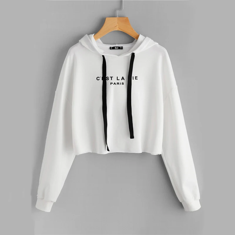 SweatyRocks белая укороченная толстовка с заниженным плечом, женские повседневные пуловеры с буквенным принтом и длинным рукавом, толстовка, Осенний Топ