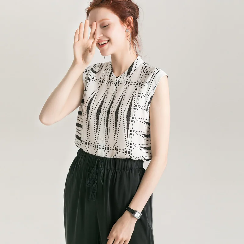 Women Blouse 100% REAL SILK Crepe Print White Shirt Stand Collar Sleeveless Blouses 2019 Summer Office Lady Tank |