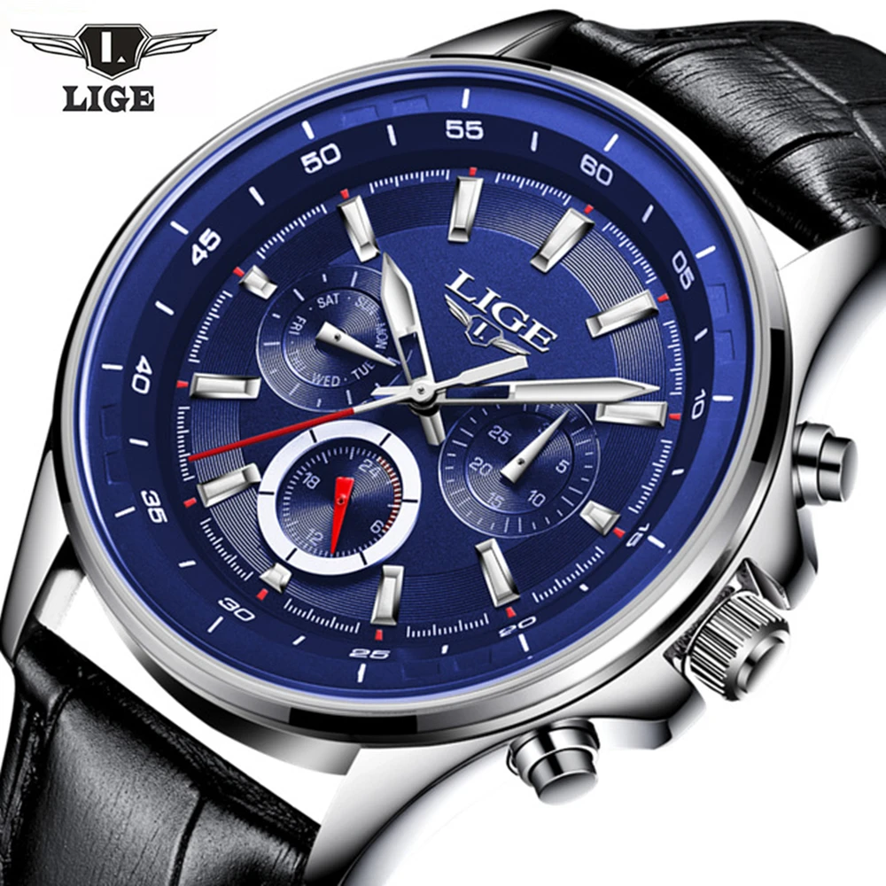 LIGE брендовые популярные мужские наручные часы кварцевые кожаные