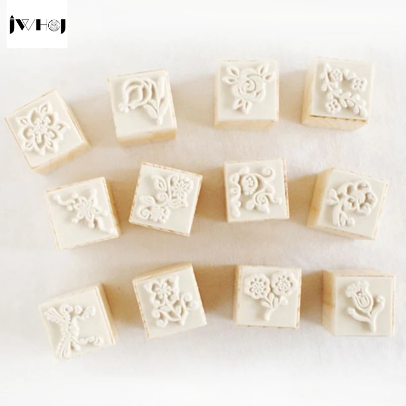 12 шт./компл. милый деревянный комплект резиновых штампов сделай сам с цветами и