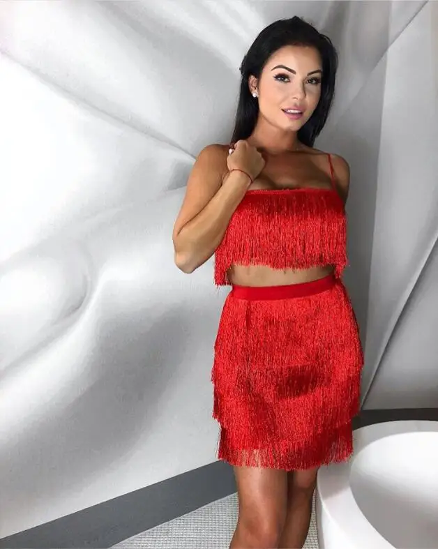Красный Высокое качество Белый Красный кисточкой 2 шт. набор Bodycon вискоза Бандажное платье модные вечерние платья настроения - Цвет: Красный
