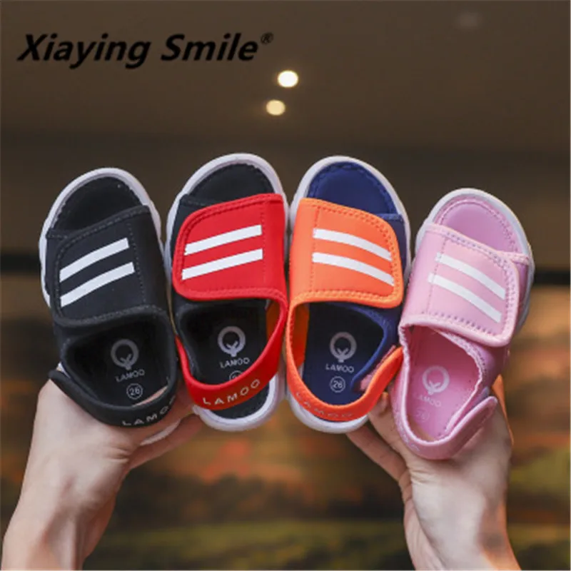 Xiaying Smile Children's sandals baby stripes magic stickers solid bear beach shoes breathable and adjustable kindergarten |