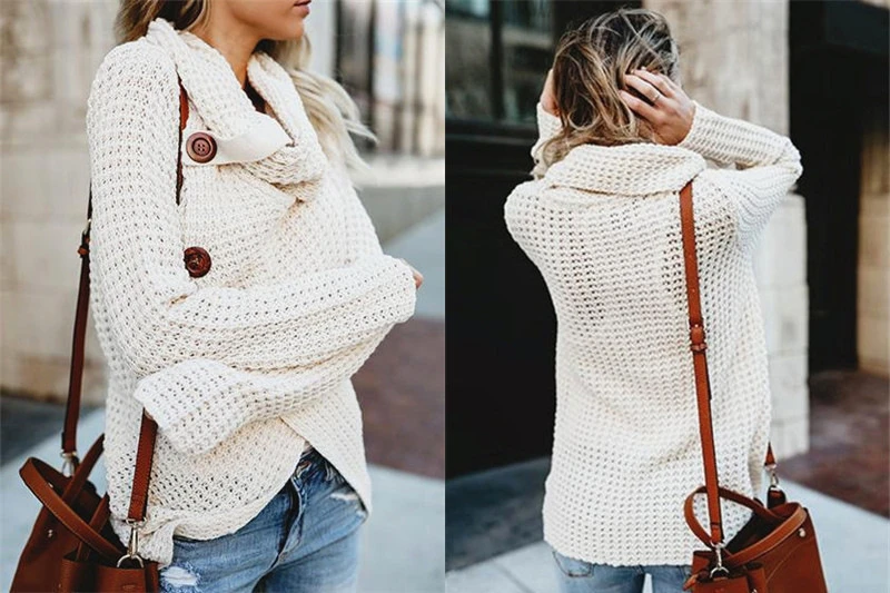Winter Casual Cardigans Female Thick Knitting Cardigan Scarf Neck Irregular Tops Buttons Streetwear Women Solid Color Sweaters |