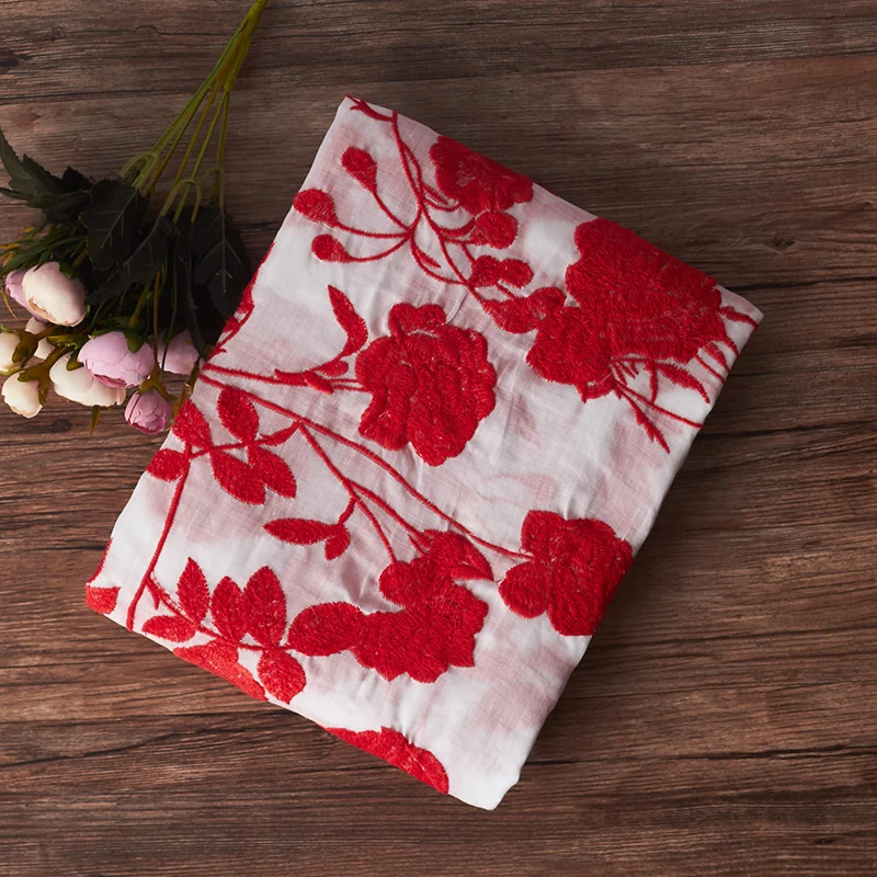 Ramie embroidery red flowers fabric spring summer skirt dress tissu doux tela suave 0.5meter | Дом и сад