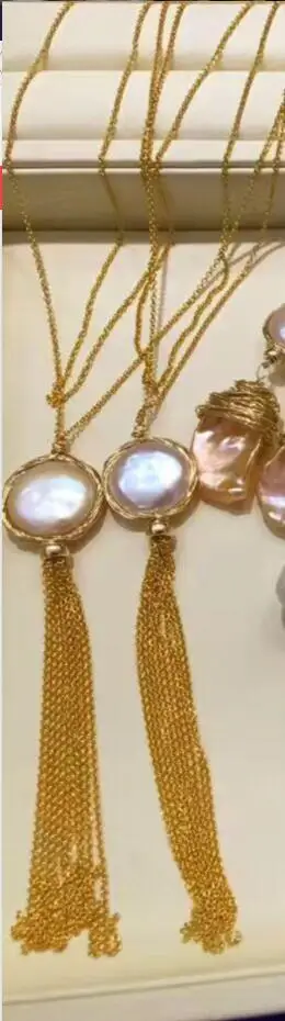 free shipping noble jewelry natural White pink baroque Japan coin pearl pendant necklace long 9K Gold | Украшения и аксессуары
