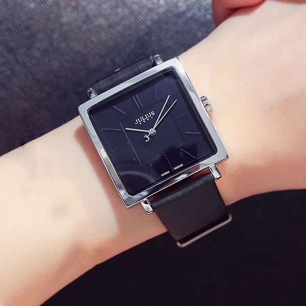 black leather watch Julius бренд Простой квадратный большой циферблат кожаные часы женские винтажные водонепроницаемые кварцевые платье наручные часы леди Montre Femme подарки - Цвет: black leather watch