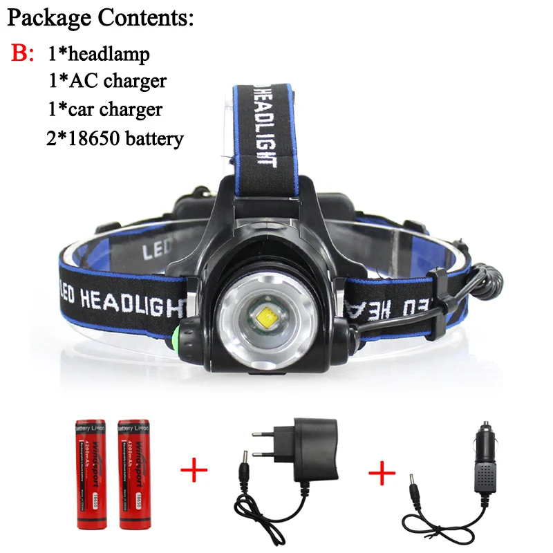 Set B Светодиодный налобный фонарь Cree XM-L T6 светодиодный 2000LM перезаряжаемый головной светильник s лампа светильник s Использование 18650 батарея AC зарядное устройство головной светильник - Испускаемый цвет: Set B