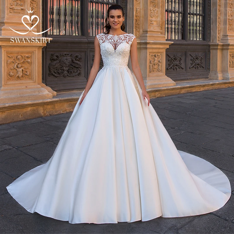 Элегантное сатиновое свадебное платье Swanskirt, кружевное бальное платье с аппликацией, часовня, шлейф, платье невесты на заказ, Vestido de Noiva F210