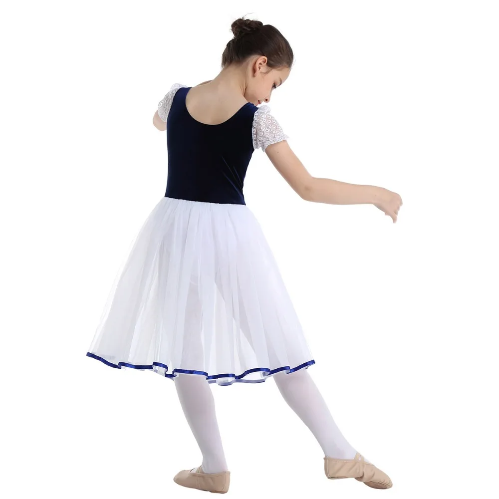 iiniim Kids Girls Professional Ballet Tutu Dress Velvet Mesh Lacework Short Bubble Sleeves Ballet Dance Gymnastics Leotard Dress