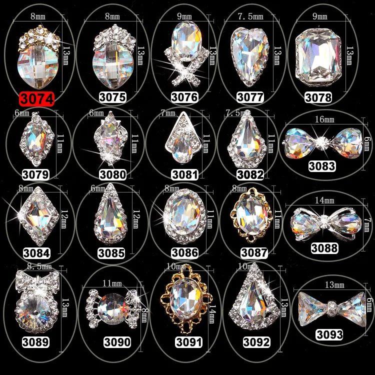 

50PCS Top AB crystal Nail Art 3D Charms Rhinestones Manicure Accessories Silver Alloy Material Nail Decoration 3074-3099,