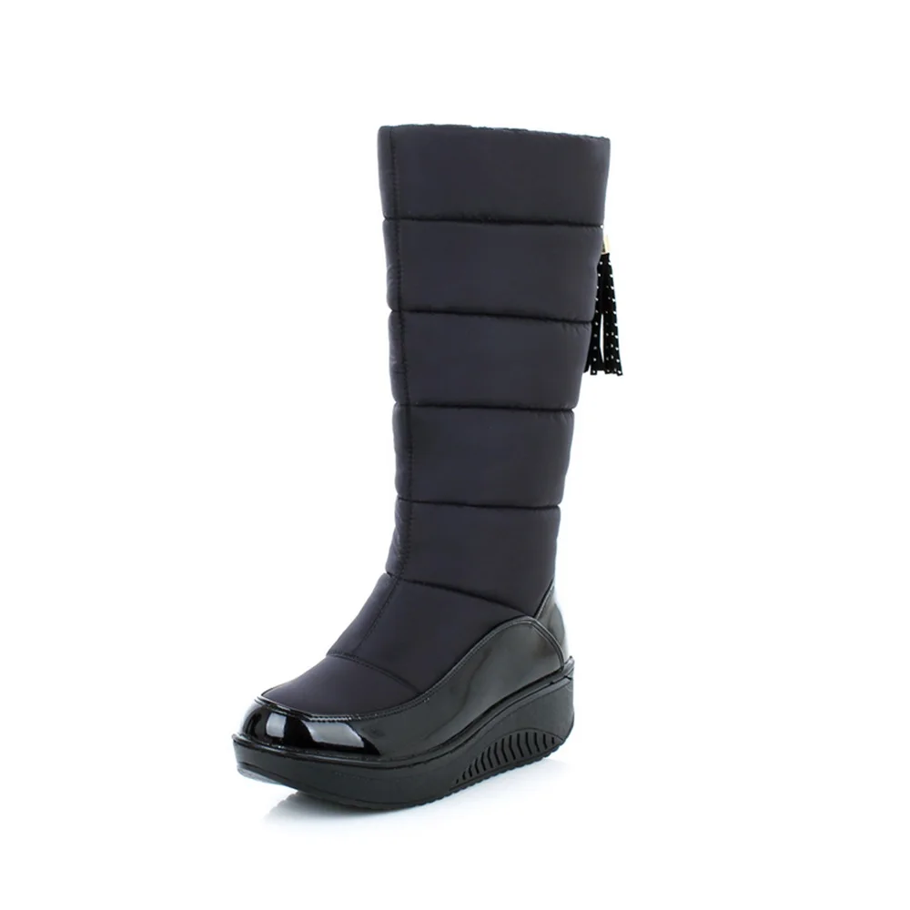 black 1 HX39 MORAZORA/Большие размеры 35-44, российские теплые зимние сапоги женские сапоги до середины икры из лакированной искусственной кожи на платформе зимняя обувь синий, черный - Цвет: black 1 HX39
