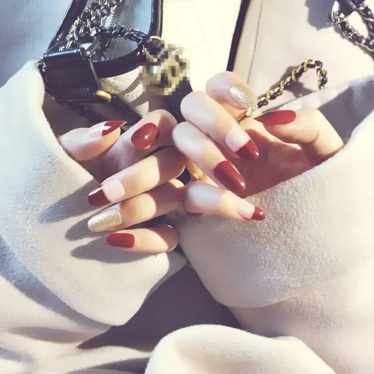 Medium Round Press On Nails Golden Glitter Decoration Artificial Wine Red Fake Tips Long 24pcs/kit | Красота и здоровье