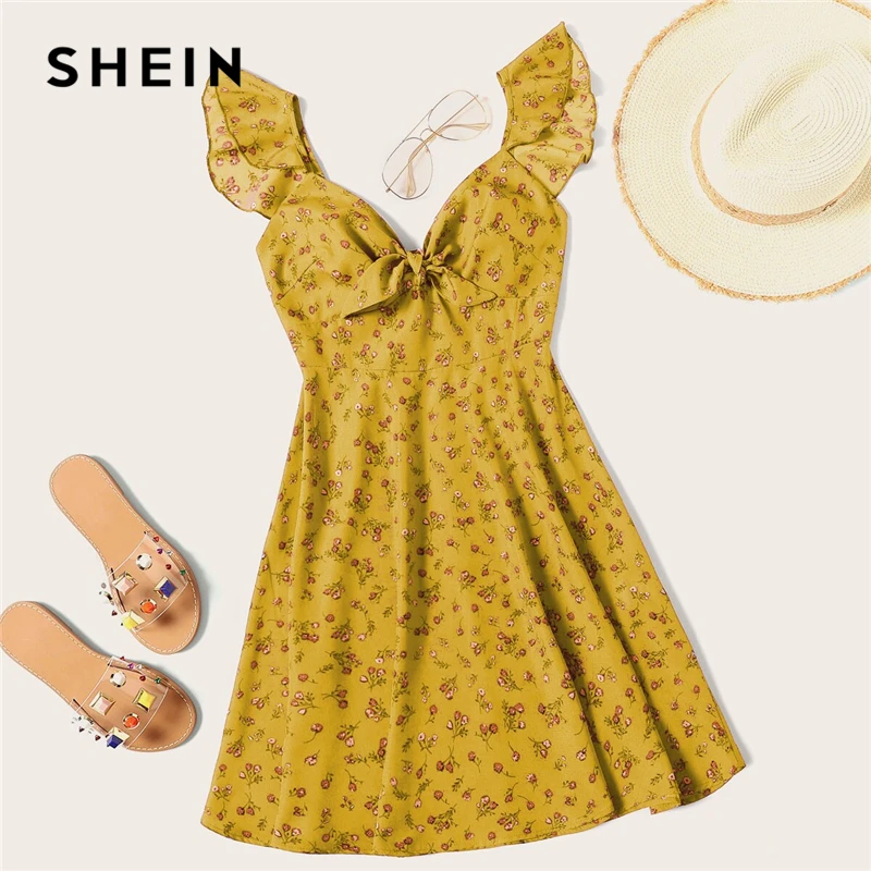 SHEIN розовое летнее платье в богемном стиле с цветочным узлом и оборкой на шее, женское Милое сексуальное платье без рукавов с v-образным вырезом и высокой талией
