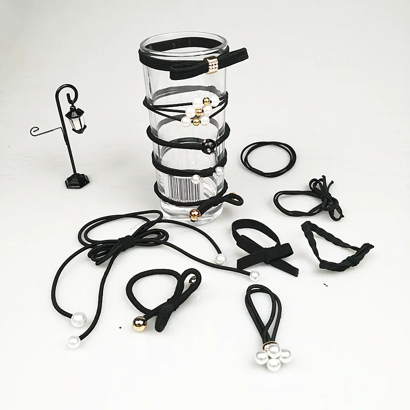 

Hair Accessories Pearl Elastic Rubber Bands Ring Black Pearl thread flower ponytail hair rope 12PCS 5CM with receive box