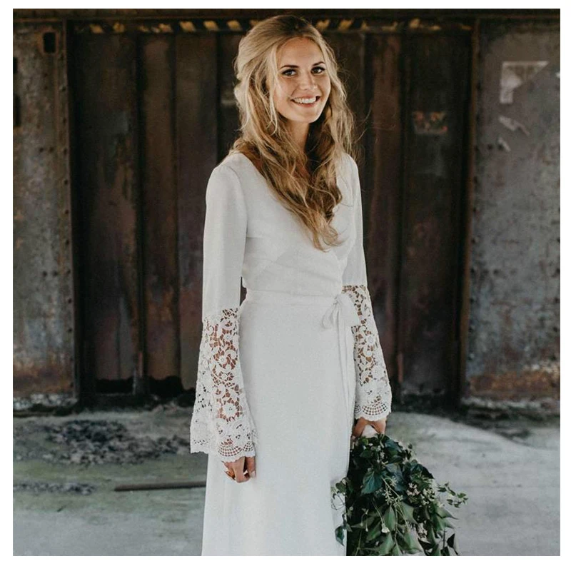 LORIE White Boho Wedding Dresses Lace Flare Sleeves V Neck Princess Bride Dress Floor Length Gown 2019 | Свадьбы и торжества