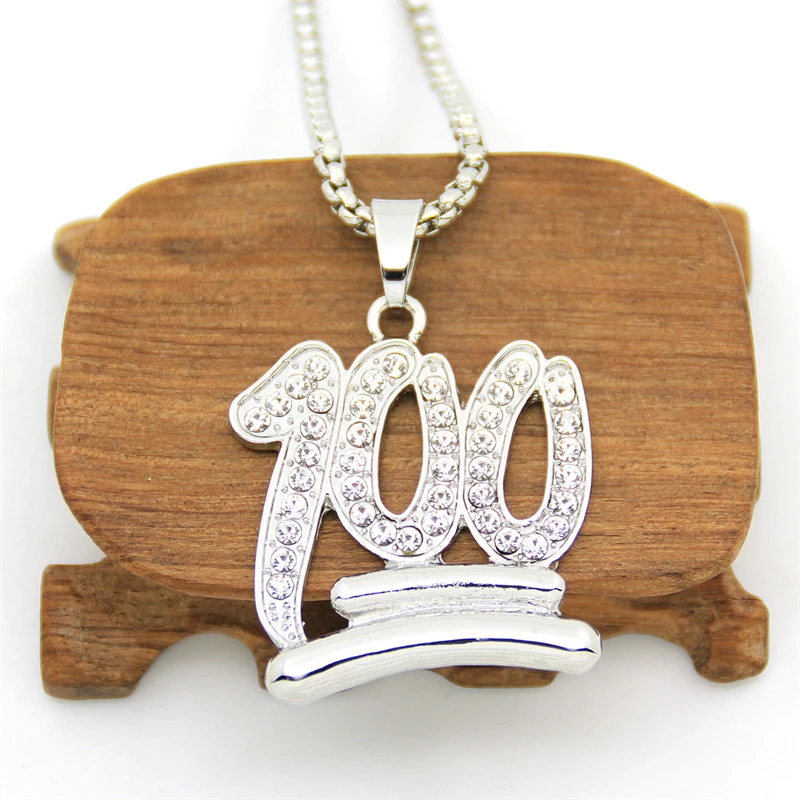 Золотой Emoji 100 подвеска с логотипом Нержавеющая сталь Iced Out Bling со стразами и