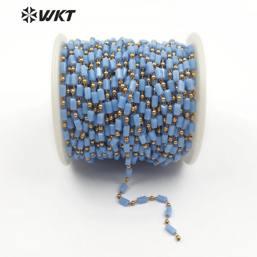 

WT-RBC077 Lovely Blue Color Beads Handmade Brass Crystal Beads Chain For Women Vintage Jewelry Making Sold By Meter