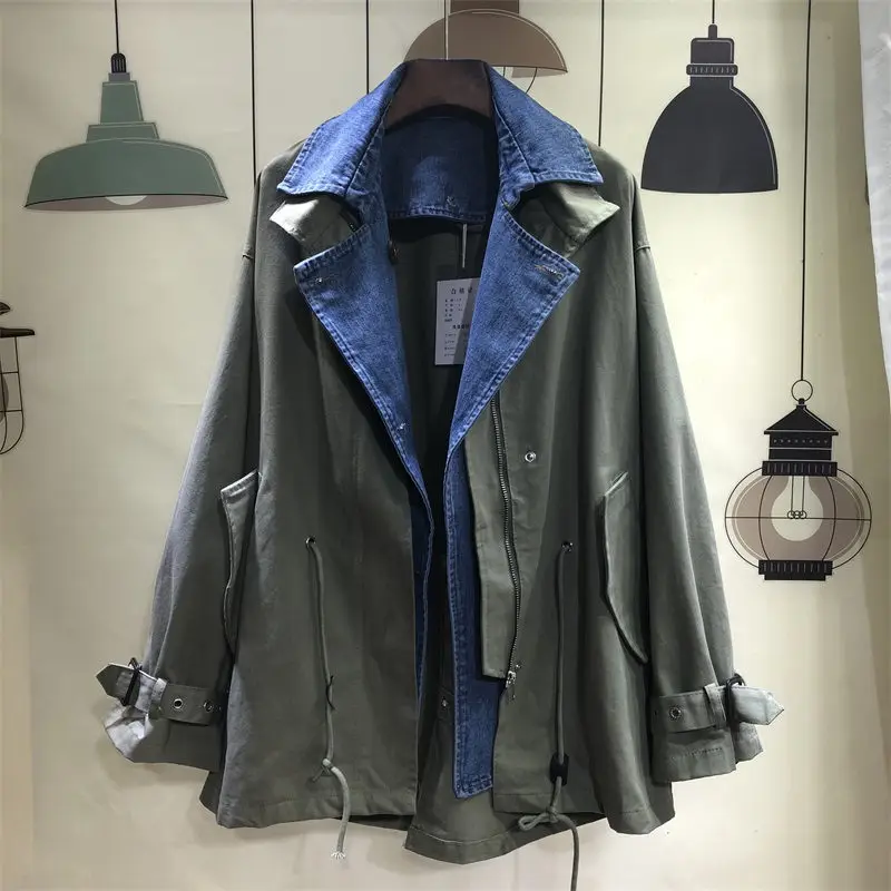 Plus Size Jacket Female Korean Style 2019 New Spring Fashion Casual Cotton Women Denim Splice Zipper Clothing f1165 | Женская одежда