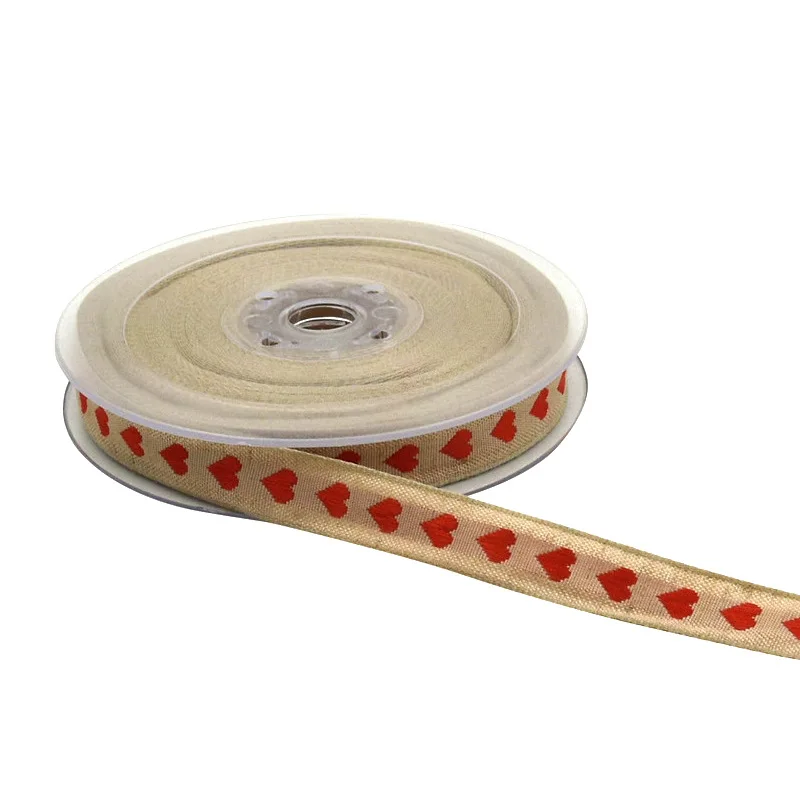 5Yards 15mm Heart Jute cotton Satin Ribbon Tape For Needlework Craft Decarotions Print Ribbons Handcraft DIY Bow