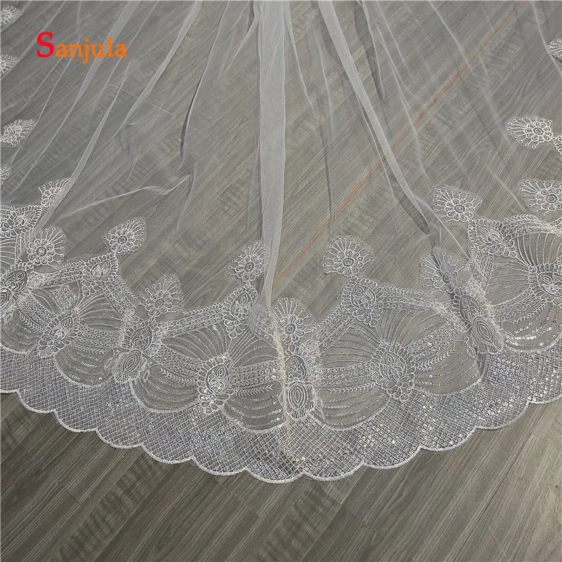 Unique Sequins Lace Appliques Long Bridal Veils with Comb Ivory Wedding Veil Church Accessories braut schleier V78 | Свадьбы и