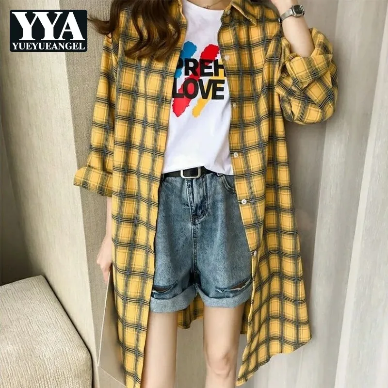 

2021 New Chic Plaid Long Sleeve Loose Blouse Women Plus Size 4XL Vintage Bf Style College Long Shirt Thin Single Breasted Blusas