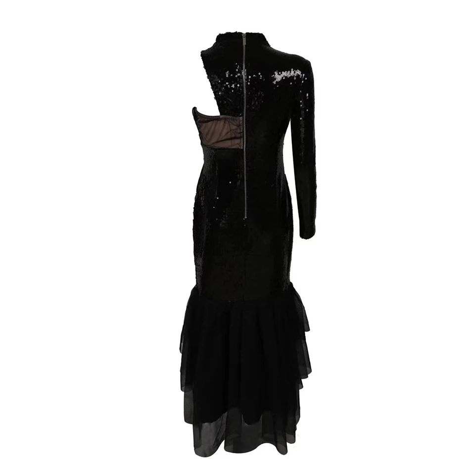 Seamyla, новинка, весеннее вечернее платье знаменитостей, vestidos, женское, черное, Сетчатое, с оборками, Русалка, длинное платье, сексуальное, бодикон, Клубные платья