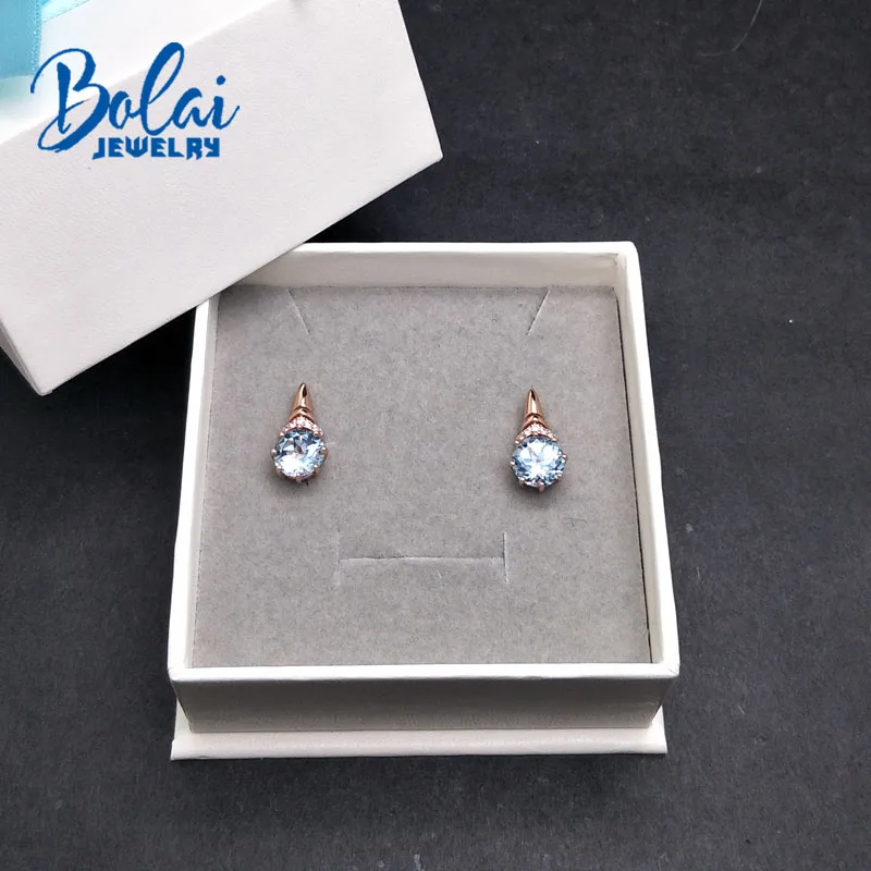 Bolaijewelry, натуральный Небесно-Голубой топаз круглые 925 мм драгоценный камень, модная застежка, серьги, серебро пробы, хорошее ювелирное изделие для женщин, подарочная коробка