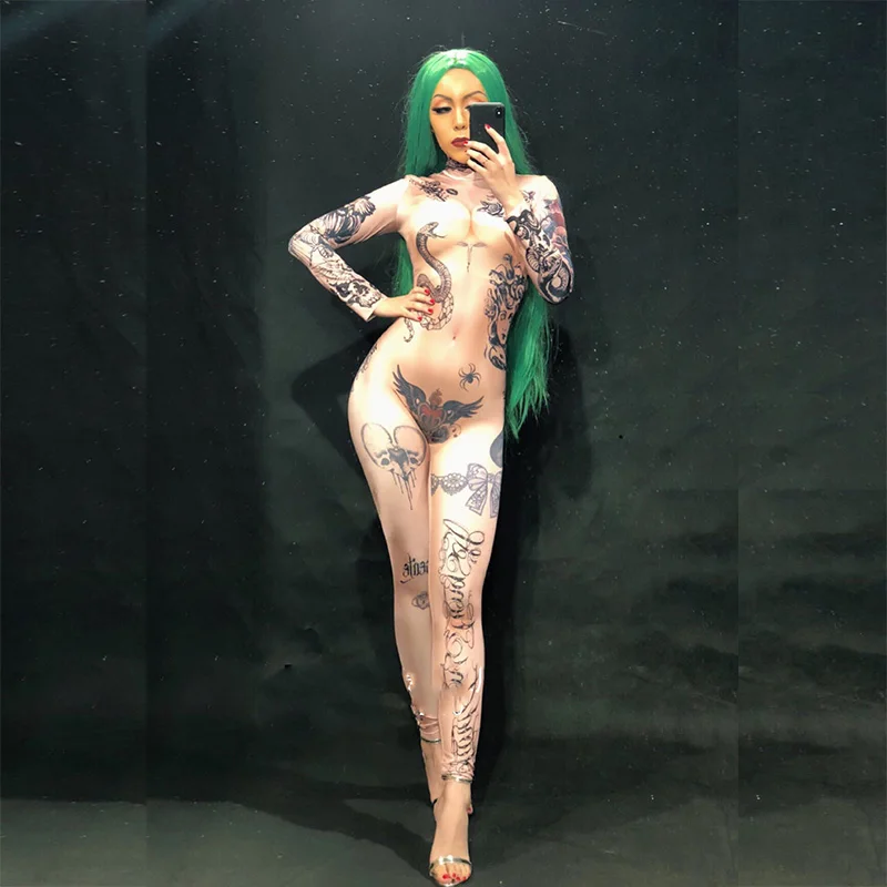 Женский комбинезон с 3D принтом и обнаженной татуировкой для ночного клуба
