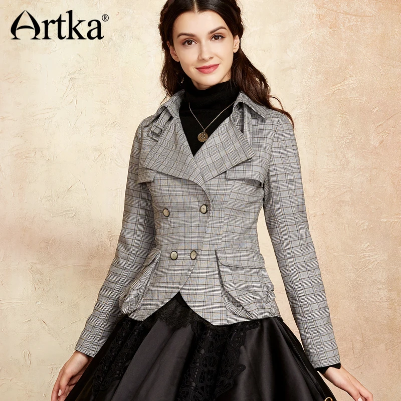 ARTKA/2018 осенне-зимнее винтажное короткое пальто в черно-белую клетку с отложным