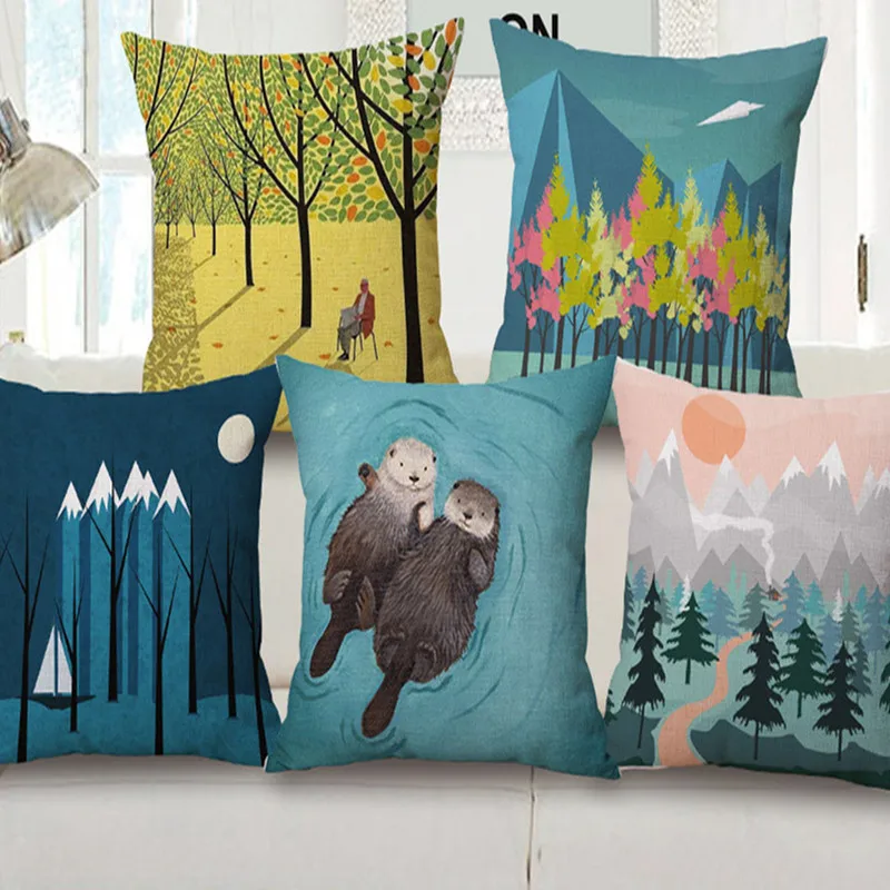 

Cartoon Animal Bear Fox Winter Mountain Woods Tree Sun Decorative Linen cushion cover