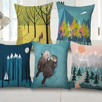 cartoon animal bear fox winter mountain woods tree sun decorative linen cushion cover