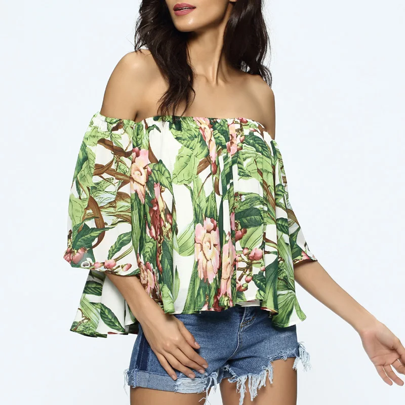 La-Tee-Da!elyq New Print Blouses Women Shirts Lady Fashion Off Shoulder Ruffles Chiffon Slash Neck Vestidos |