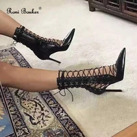 roni bouker plus size 42 women pointed toe booties spring autumn zipper ankle shoes female patent leather high heels mujer boots