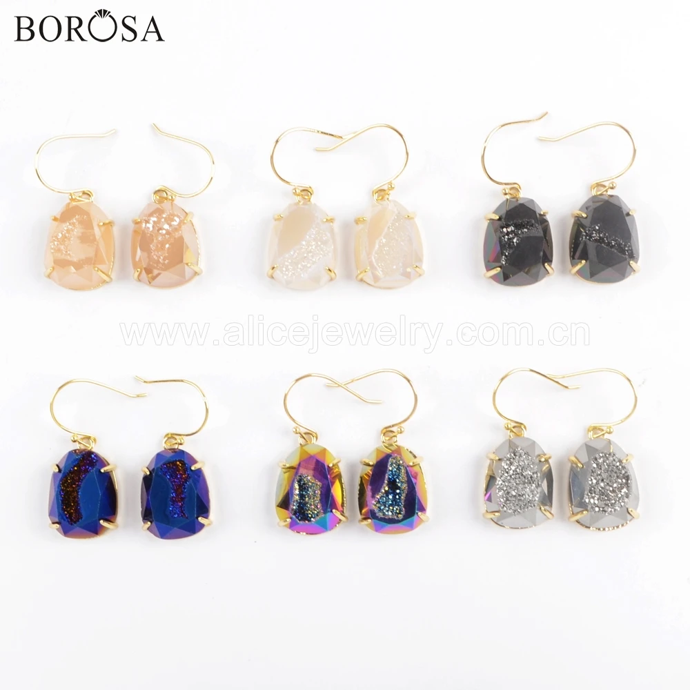 

BOROSA 3Pairs Gold Plated Claw Rainbow Titanium Drusy Faceted Charm Earrings Mixed Colors Druzy Dangle Earring ZG0371-E