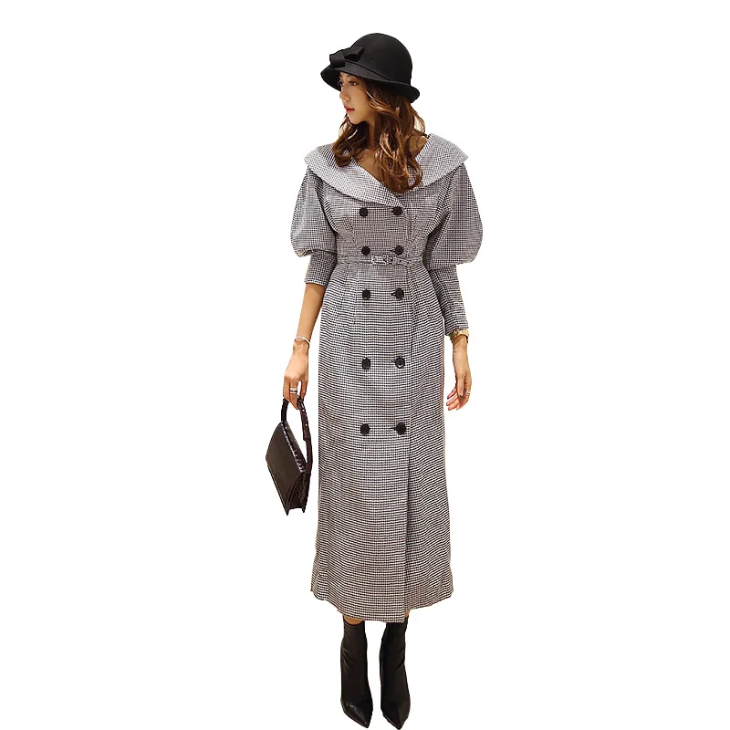 

Houndstooth Women Long Trench Coat 2021 Fashion Autumn Winter Tweed Blends Wool Plaid Slim Double Breasted Overwear With Belt