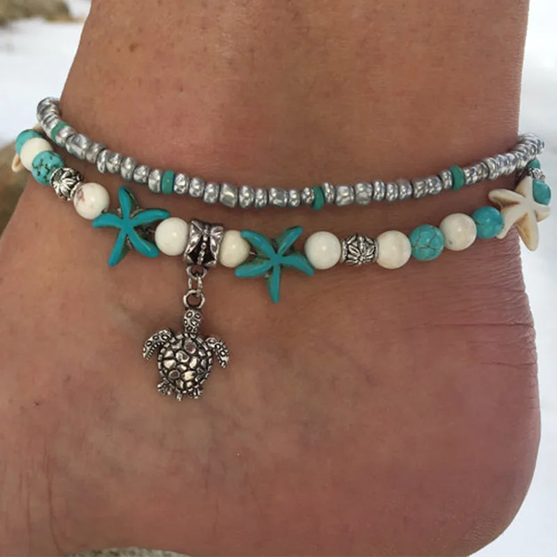 Hot Bohemian Multiple Layers Starfish Turtle Beads Anklets For Women Vintage Boho Shell Chain Anklet Bracelet Beach Jewelry | Украшения и