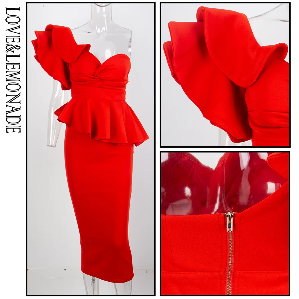 Женский костюм двойка LOVE & LEMONADE красный облегающий на одно плечо с оборками