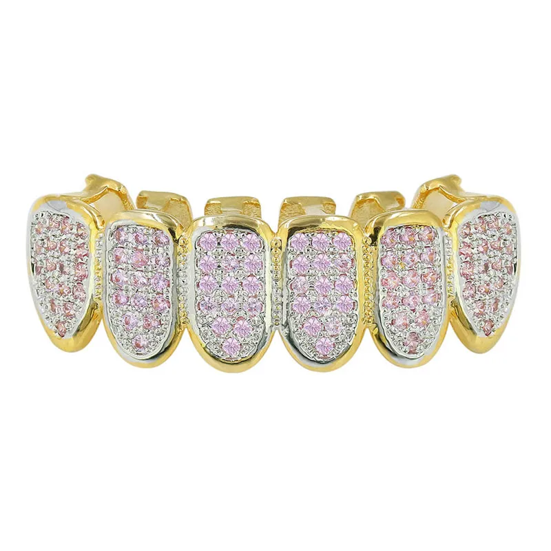 Hip Hop Teeth Grillz Iced Out AAA Zircon Top &amp Bottom Tooth Set For Men Women Pink Color Fashion | Украшения и аксессуары